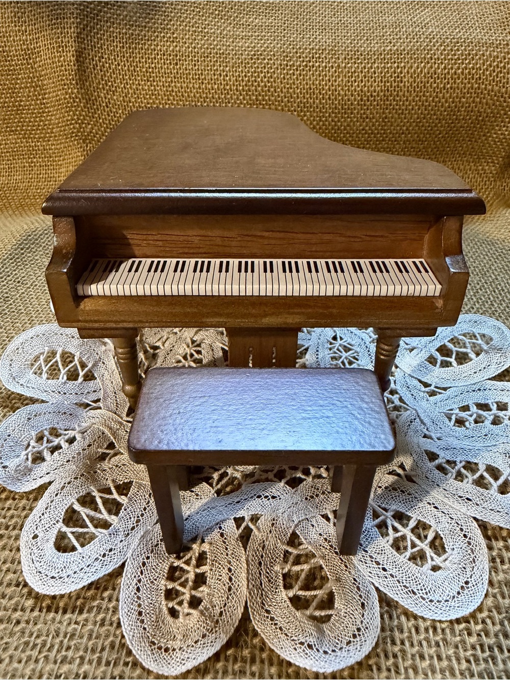 Miniature Wooden Grand Piano with Bench - Brown